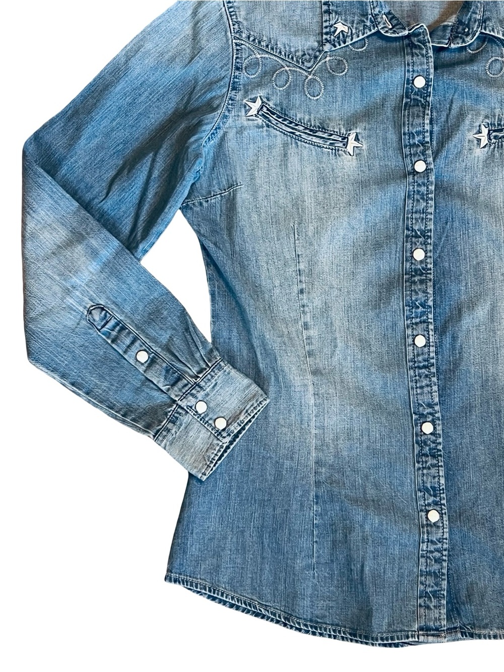 Wrangler Retro Women’s Sz M Denim Western Shirt Embroidered Pearl Snap - Picture 6 of 13